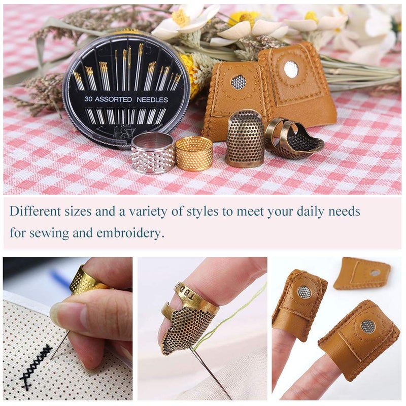 ZMAAGG 8 Pcs Thimble + 30 Pcs Sewing Needles, Finger Protector Fingertip Adjustable Metal Bronze Rings and Leather Coin Thimble for Needlework, Hand Embroidery Craft - Image 5